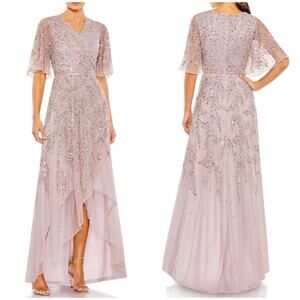 Mac Duggal NWT Sequined Butterfly Sleeve High Low Gown Size 4 Violet Purple